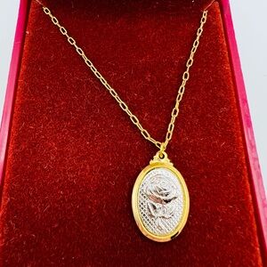 Vintage Sorrento Gold & Silver Oval Rose Pendant Necklace w/ Box